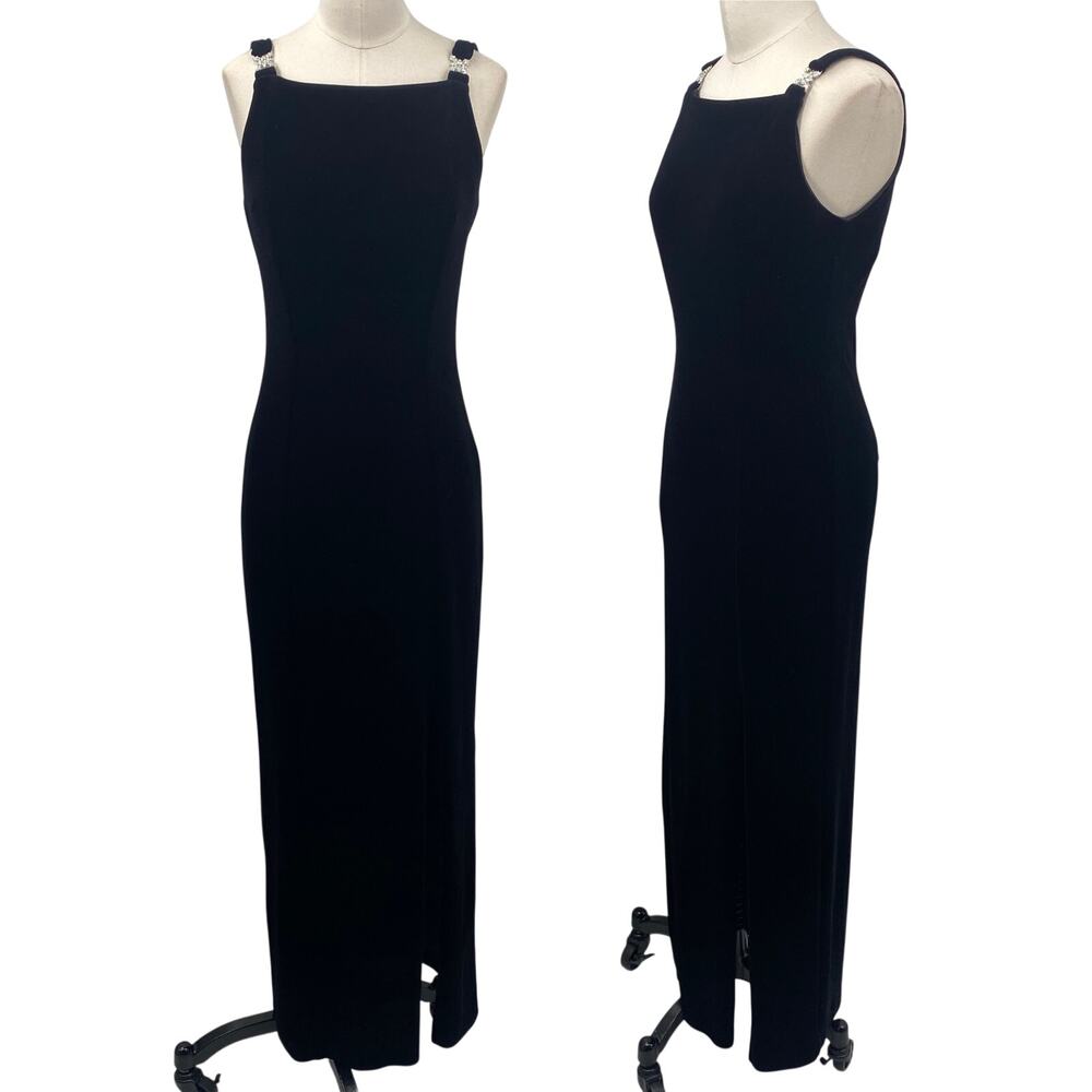 Vintage 90s Betsy & Adam Velvet Column Gown Embellished Maxi Dress Black Small